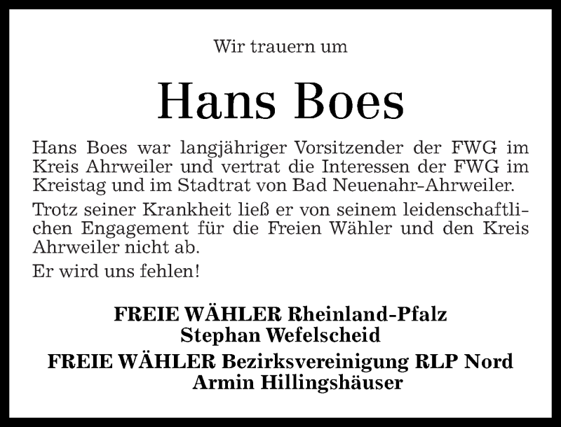  Traueranzeige für Hans Boes vom 01.03.2016 aus Rhein-Zeitung