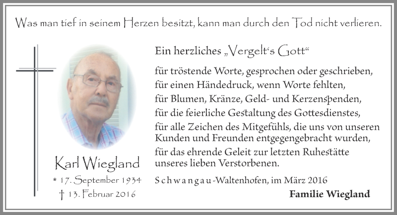  Traueranzeige für Karl Wiegland vom 01.03.2016 aus Oeffentlicher Anzeiger