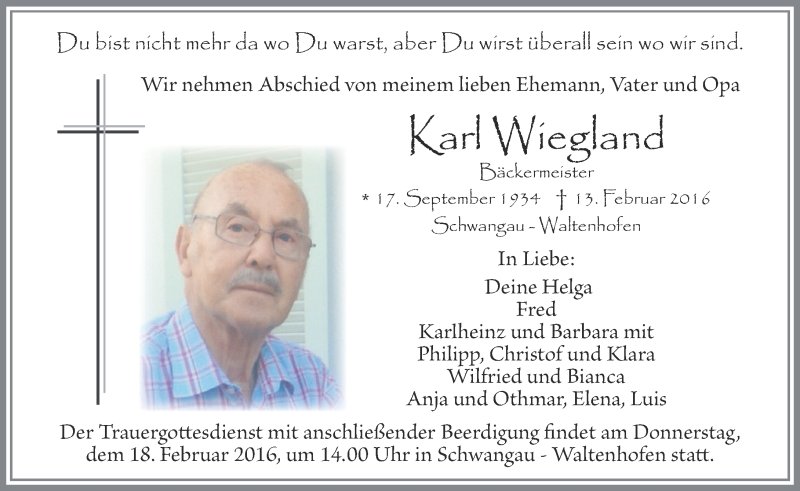  Traueranzeige für Karl Wiegland vom 16.02.2016 aus Oeffentlicher Anzeiger
