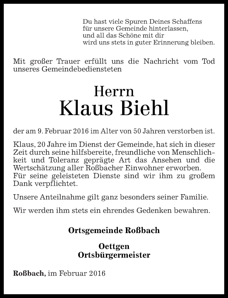  Traueranzeige für Klaus Biehl vom 12.02.2016 aus Westerwälder Zeitung