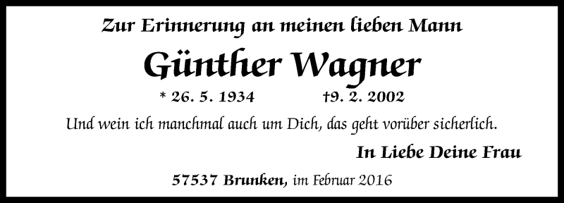  Traueranzeige für Günther Wagner vom 09.02.2016 aus Rhein-Zeitung