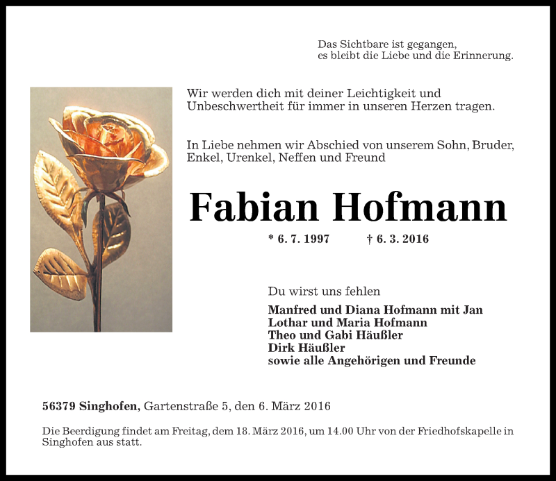  Traueranzeige für Fabian Hofmann vom 12.03.2016 aus Rhein-Lahn-Zeitung