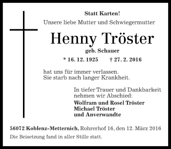 Traueranzeige von Henny Tröster von Rhein-Zeitung