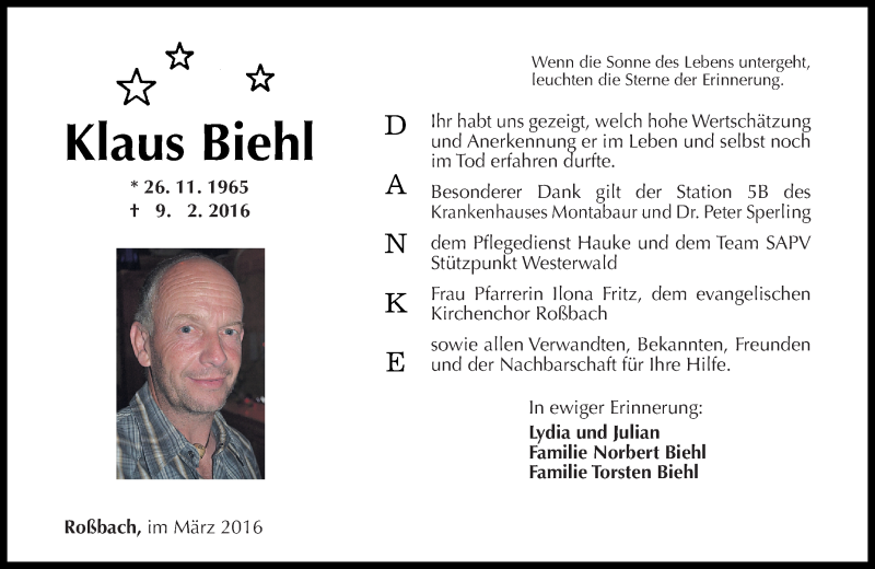  Traueranzeige für Klaus Biehl vom 26.03.2016 aus Rhein-Zeitung