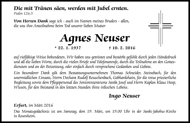  Traueranzeige für Agnes Neuser vom 16.03.2016 aus Rhein-Zeitung