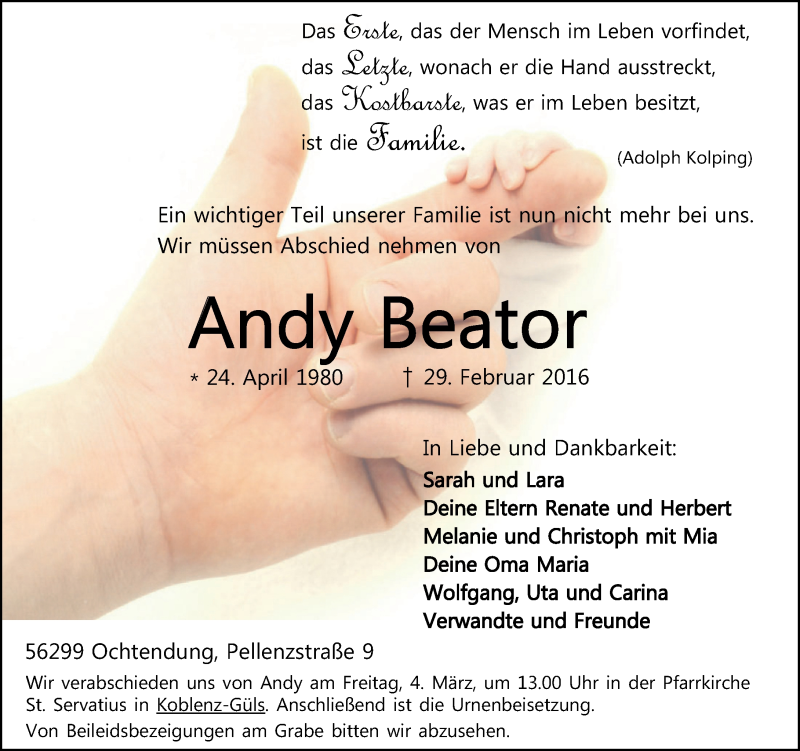  Traueranzeige für Andy Beator vom 02.03.2016 aus Rhein-Zeitung