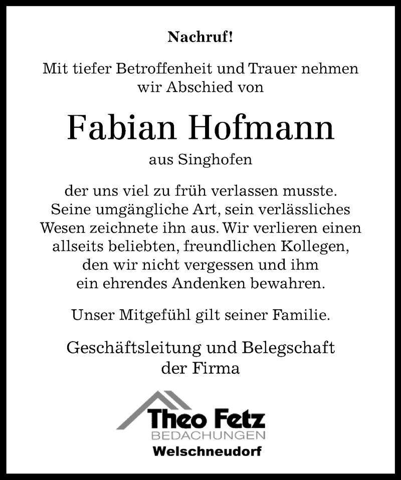  Traueranzeige für Fabian Hofmann vom 15.03.2016 aus Rhein-Zeitung