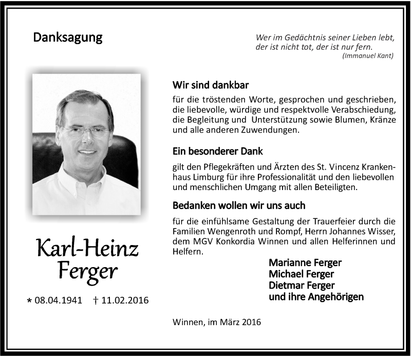 Traueranzeigen von KarlHeinz Ferger rztrauer.de
