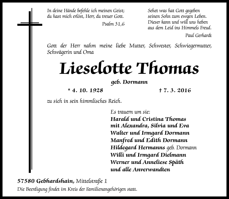 Traueranzeigen von Lieselotte Thomas rztrauer.de
