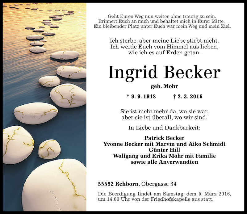 Traueranzeigen Von Ingrid Becker Rz Trauer De