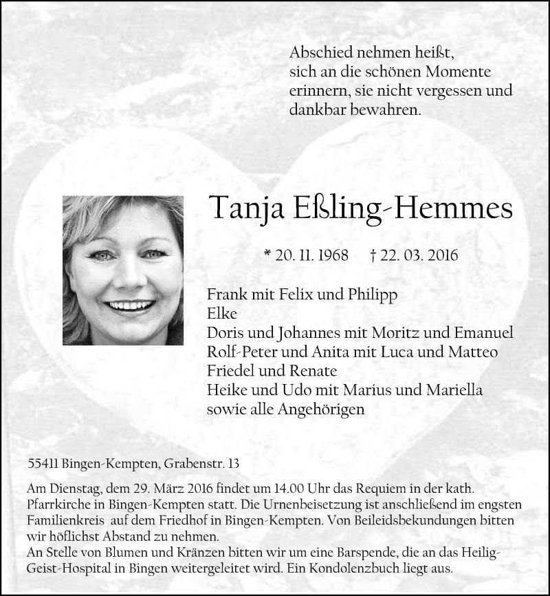  Traueranzeige für Tanja Eßling-Hemmes vom 26.03.2016 aus Oeffentlicher Anzeiger