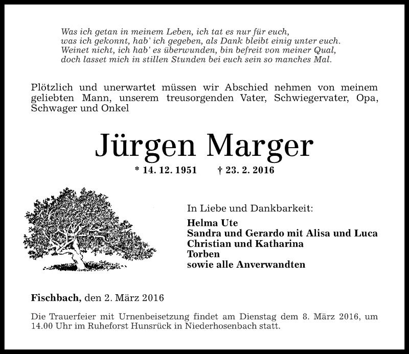  Traueranzeige für Jürgen Marger vom 02.03.2016 aus Nahe-Zeitung