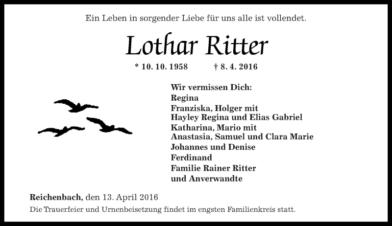 Traueranzeigen von Lothar Ritter | rz-trauer.de