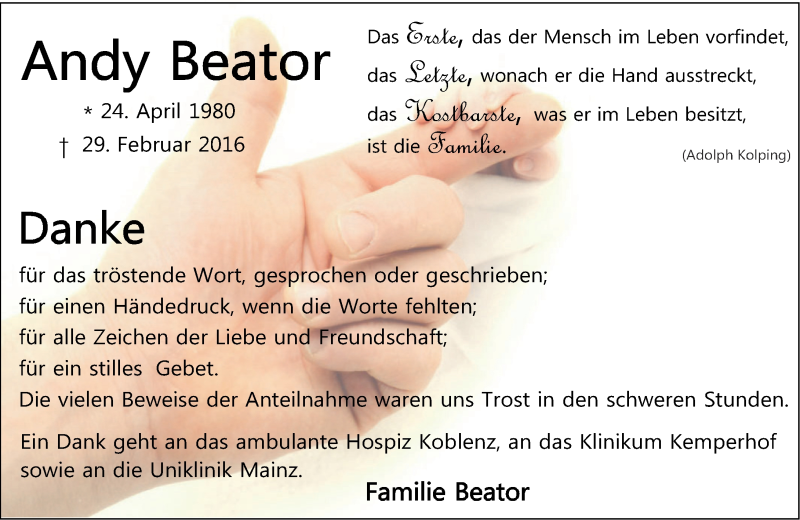  Traueranzeige für Andy Beator vom 23.04.2016 aus Rhein-Zeitung
