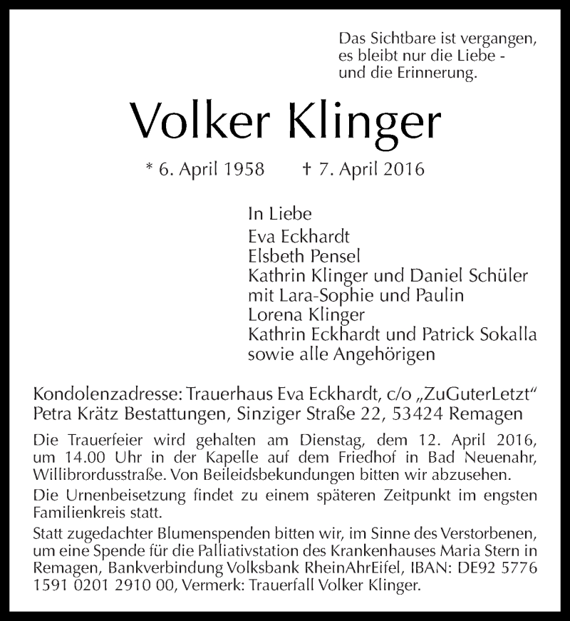  Traueranzeige für Volker Klinger vom 09.04.2016 aus Rhein-Zeitung