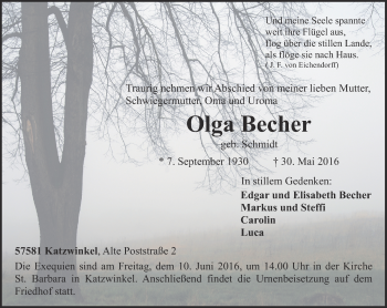 Traueranzeige von Olga Becher von Rhein-Zeitung