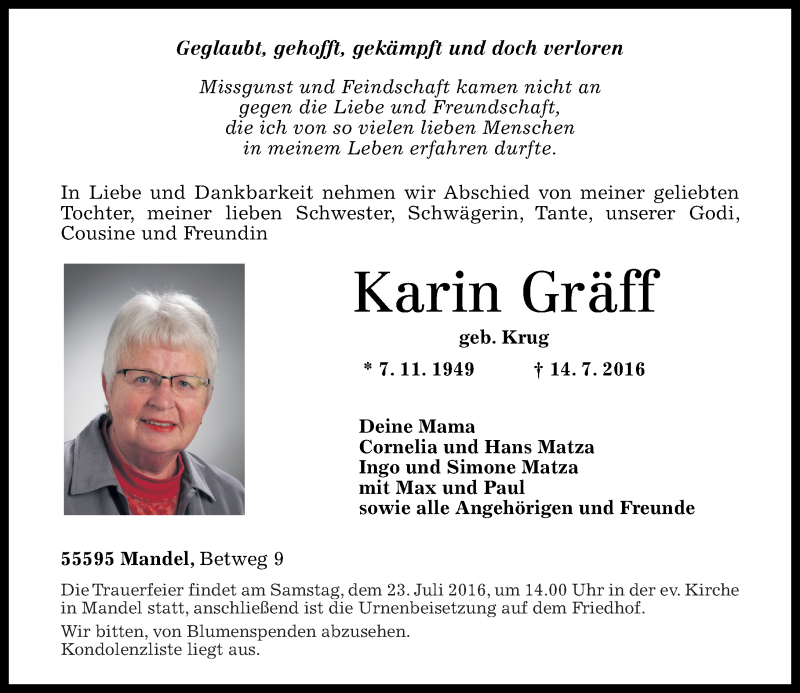 Traueranzeigen von Karin Gräff | rz-trauer.de