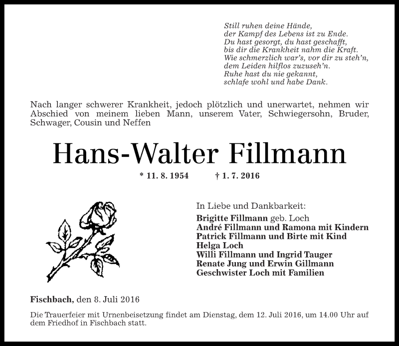  Traueranzeige für Hans-Walter Fillmann vom 08.07.2016 aus Nahe-Zeitung