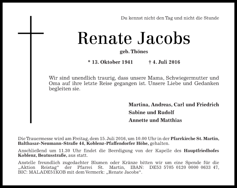 Traueranzeigen von Renate Jacobs | rz-trauer.de