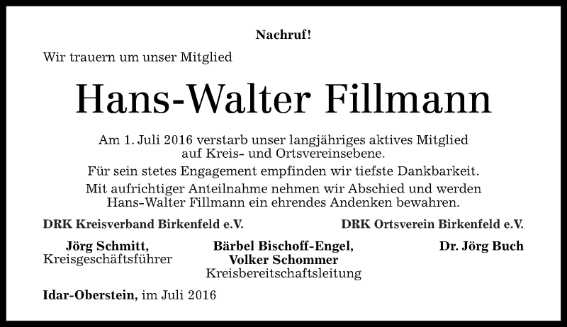  Traueranzeige für Hans-Walter Fillmann vom 11.07.2016 aus Nahe-Zeitung