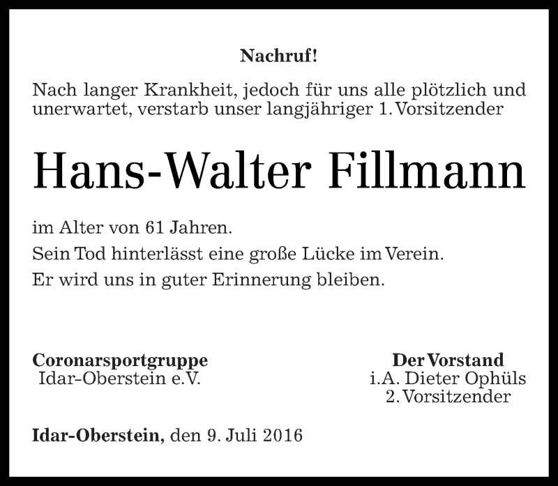  Traueranzeige für Hans-Walter Fillmann vom 09.07.2016 aus Nahe-Zeitung