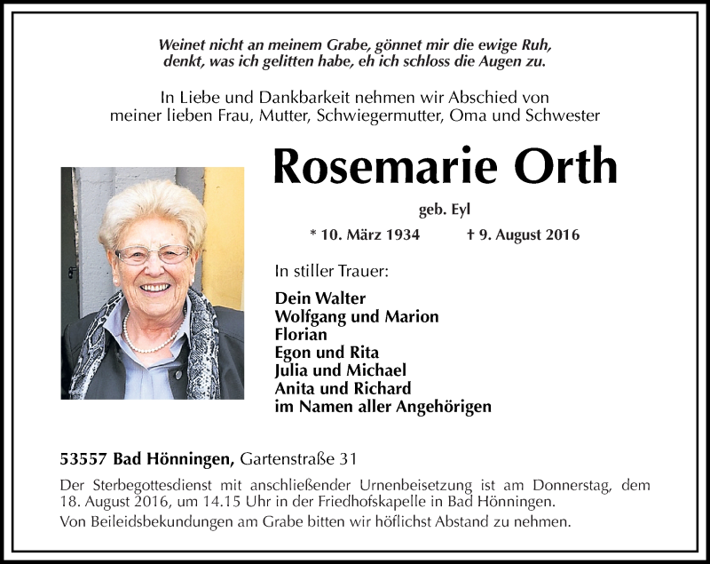 Traueranzeigen von Rosemarie Orth | rz-trauer.de