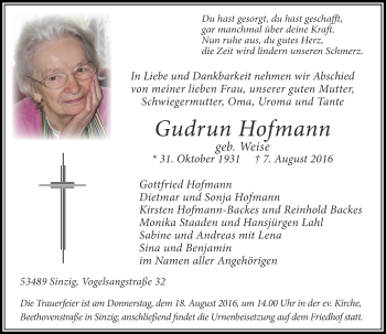 Traueranzeigen von Gudrun Hofmann | rz-trauer.de