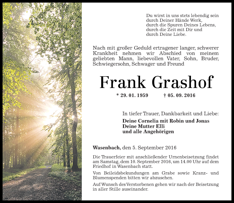  Traueranzeige für Frank Grashof vom 08.09.2016 aus Rhein-Lahn-Zeitung