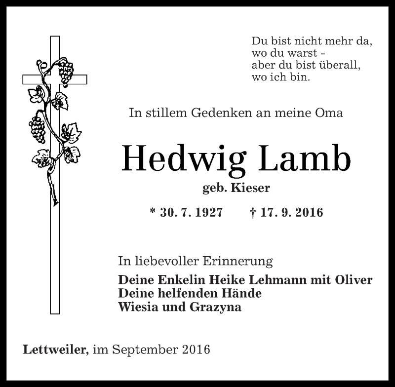 Traueranzeigen Von Hedwig Lamb | Rz-trauer.de