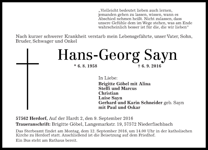  Traueranzeige für Hans-Georg Sayn vom 09.09.2016 aus Rhein-Zeitung