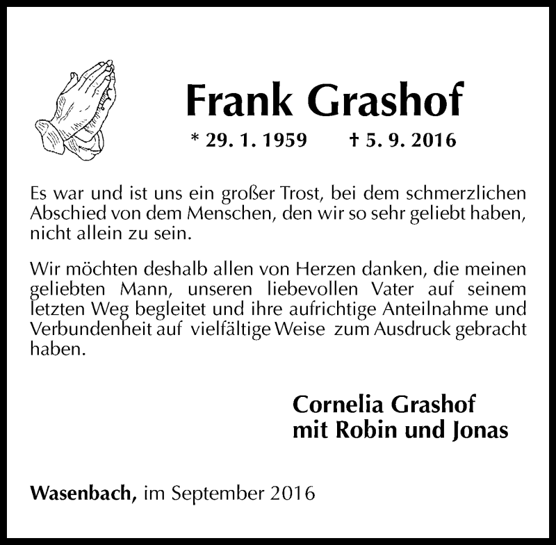  Traueranzeige für Frank Grashof vom 24.09.2016 aus Rhein-Lahn-Zeitung