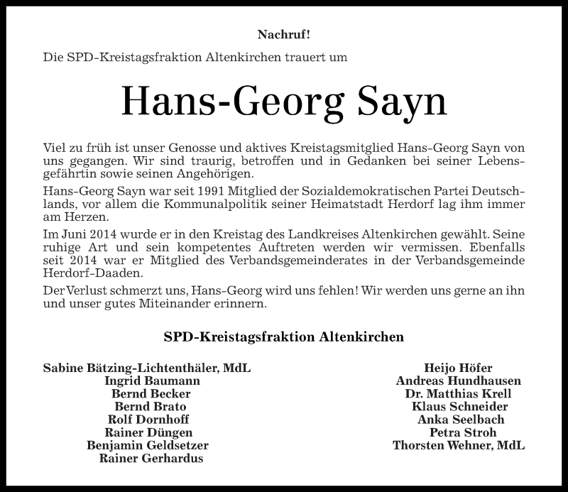  Traueranzeige für Hans-Georg Sayn vom 10.09.2016 aus Rhein-Zeitung