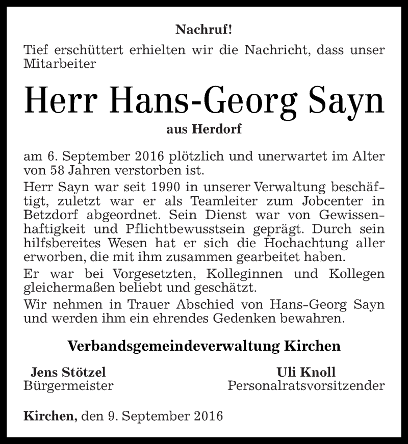  Traueranzeige für Hans-Georg Sayn vom 10.09.2016 aus Rhein-Zeitung