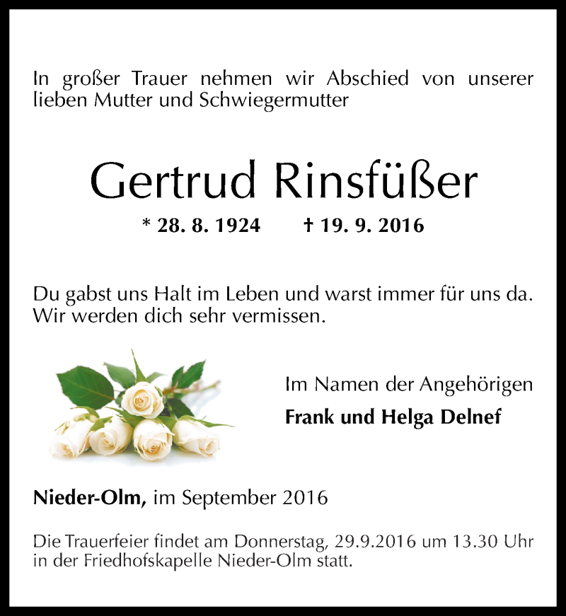  Traueranzeige für Gertrud Rinsfüßer vom 24.09.2016 aus Rhein-Lahn-Zeitung