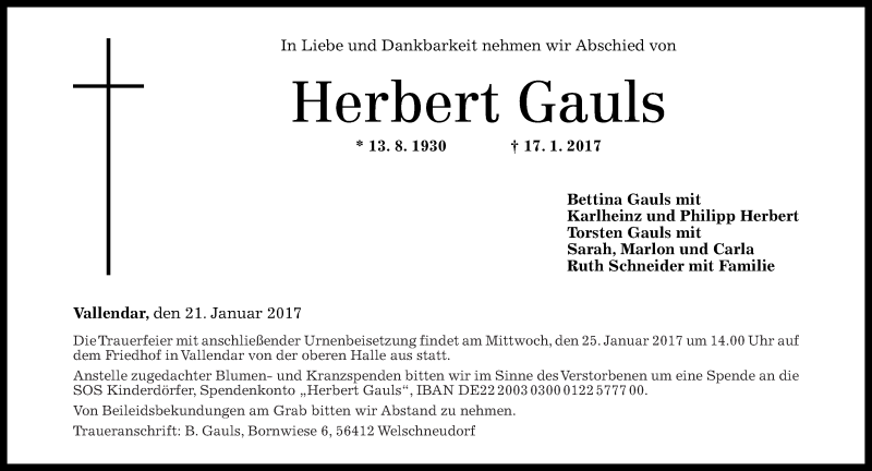  Traueranzeige für Herbert Gauls vom 21.01.2017 aus Rhein-Zeitung