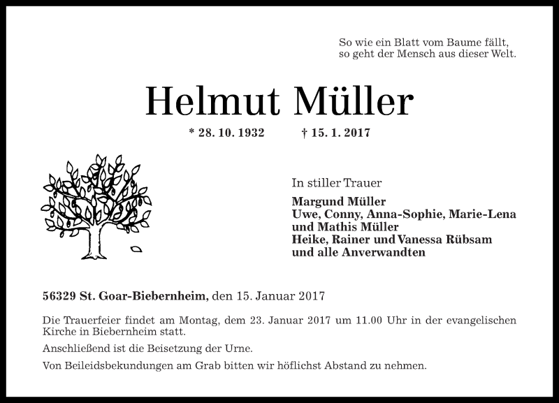  Traueranzeige für Helmut Müller vom 19.01.2017 aus Rhein-Hunsrück-Zeitung