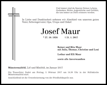 Traueranzeige von Josef Maur von Rhein-Zeitung
