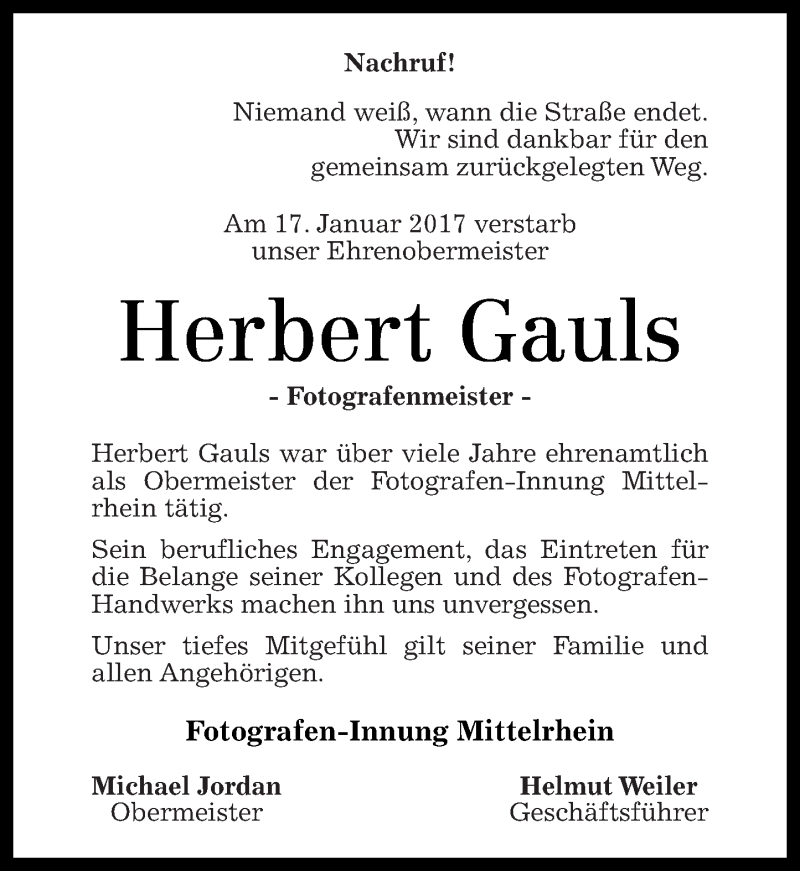  Traueranzeige für Herbert Gauls vom 25.01.2017 aus Rhein-Zeitung