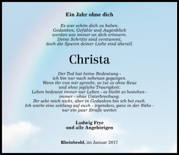 Traueranzeige von Christa Bingler von Rhein-Zeitung