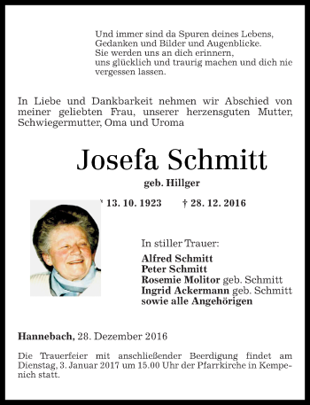 Traueranzeige von Josefa Schmitt von Rhein-Zeitung