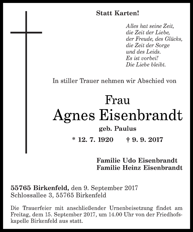 Traueranzeigen von Agnes Eisenbrandt | rz-trauer.de