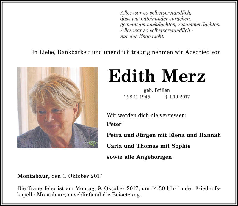  Traueranzeige für Edith Merz vom 06.10.2017 aus Westerwälder Zeitung