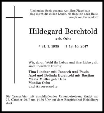 Traueranzeige von Hildegard Berchtold von Rhein-Zeitung