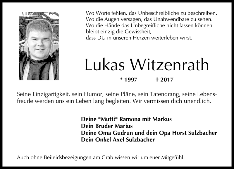  Traueranzeige für Lukas Witzenrath vom 05.10.2017 aus Rhein-Hunsrück-Zeitung
