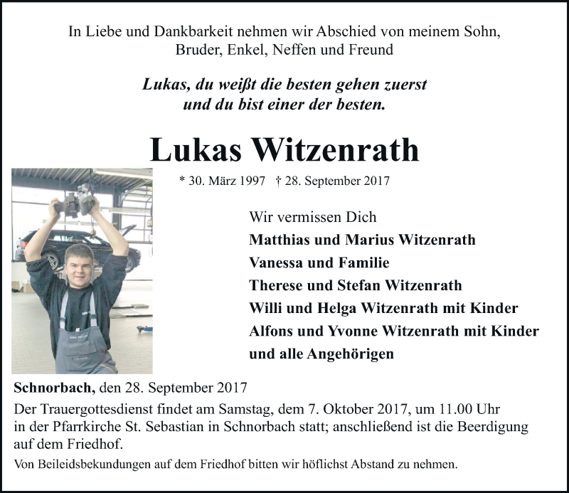  Traueranzeige für Lukas Witzenrath vom 04.10.2017 aus Rhein-Hunsrück-Zeitung