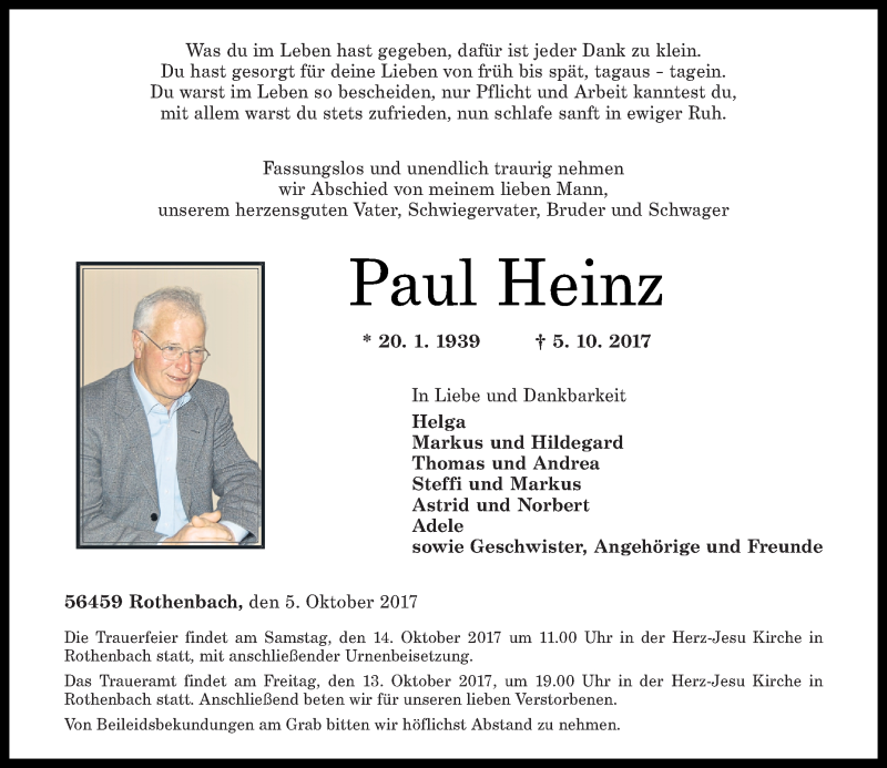 Traueranzeigen Von Paul Heinz | Rz-trauer.de