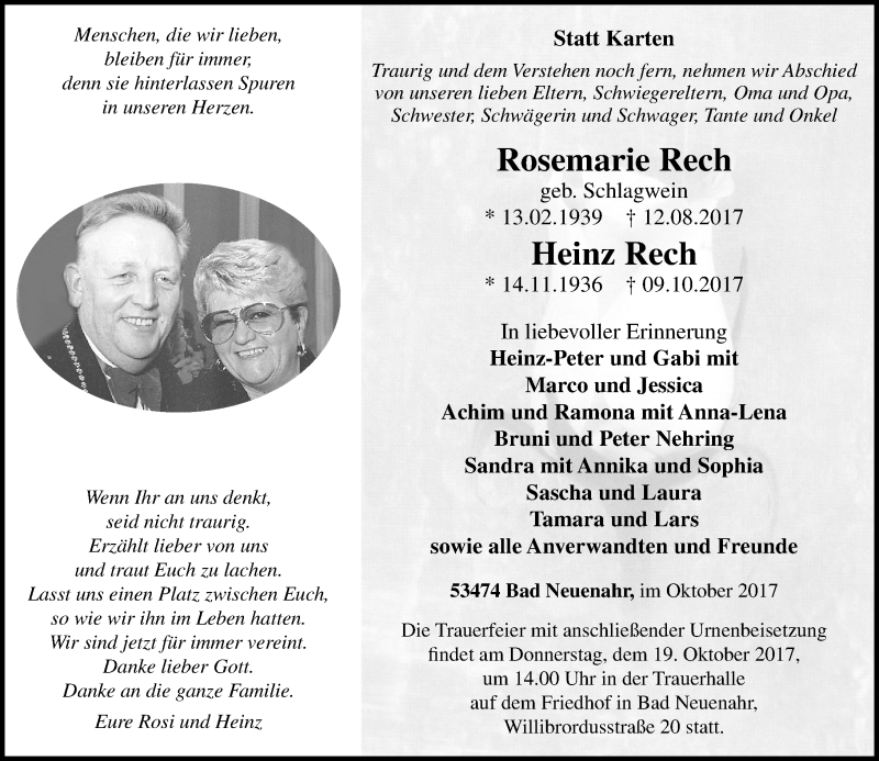  Traueranzeige für Rosemarie und Heinz Rech vom 14.10.2017 aus Rhein-Zeitung