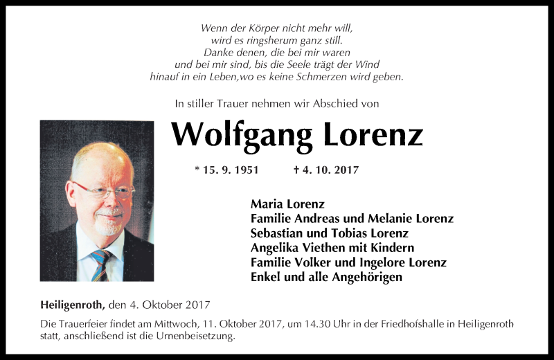 Traueranzeigen Von Wolfgang Lorenz | Rz-trauer.de