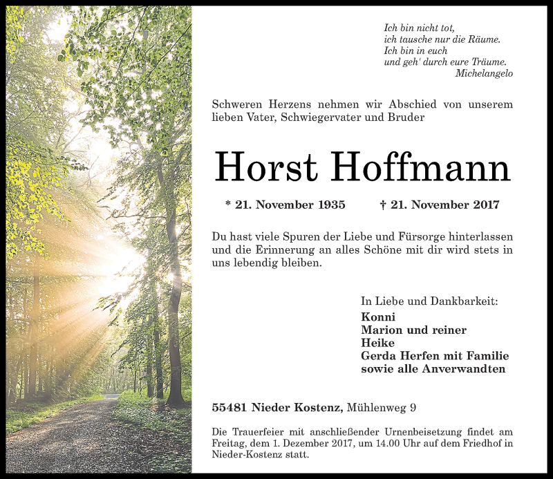  Traueranzeige für Horst Hoffmann vom 24.11.2017 aus Rhein-Hunsrück-Zeitung