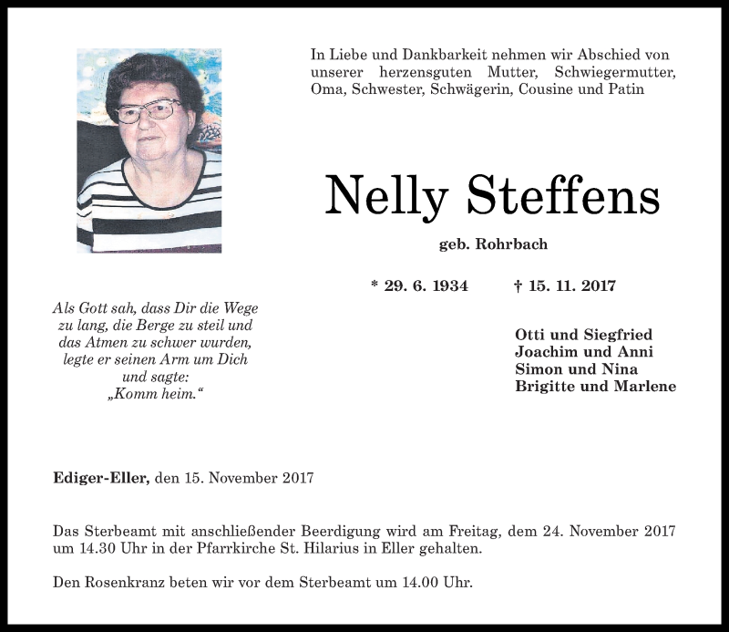 Traueranzeigen von Nelly Steffens | rz-trauer.de